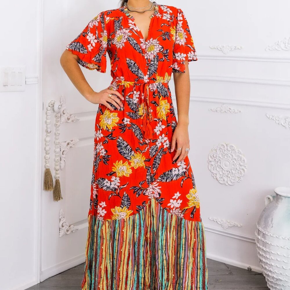 GiGiO Red Mixed Prints Floral Maxi Dress L